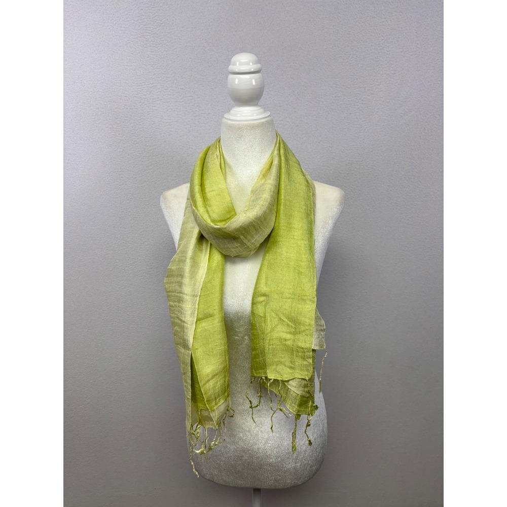 Bohemian Artisan Raw Silk Scarf Womens OS Lime Green Fringed Wrap Shawl